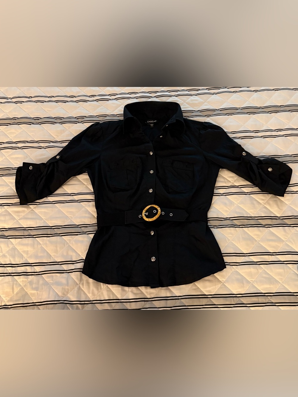 Women’s Small Bebe Black Fitted Button Down Blouse Y2K Vintage Belted Buttons